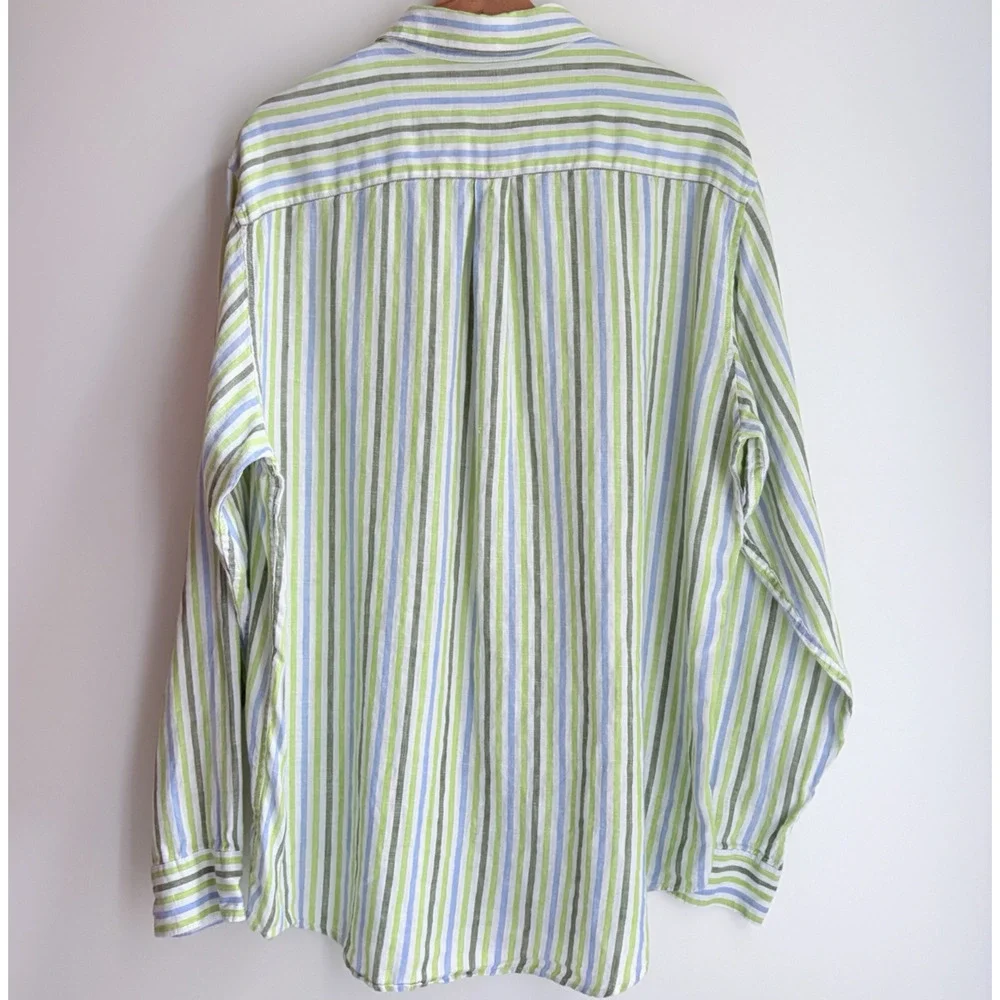 Banana Republic Mens L Linen Striped Button Front Shirt Long Sleeve Green Blue